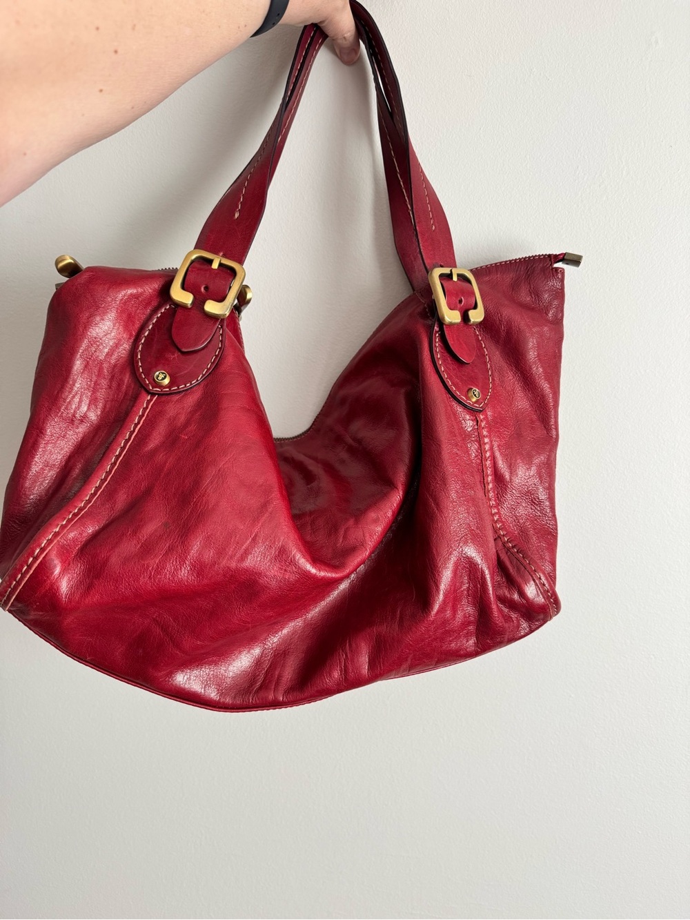 Rare VINTAGE Frye Red Leather Satchel Artisan Boho Buckle Bag